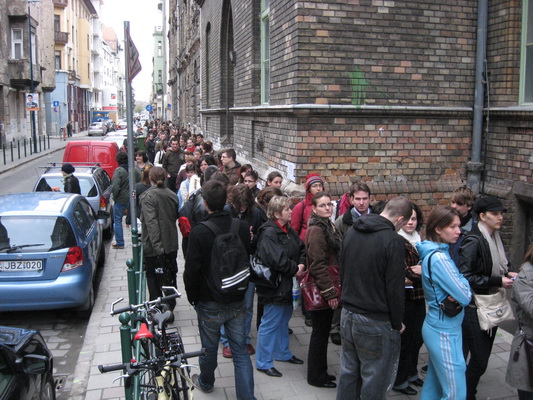 Voters trying to cast a vote outside of their polling place stand in line in Práter Street, Budapest to vote in the 2010 election. The advance voter registration would allow them to vote at the polling place where they are registered, if they did not forget to register three months ahead of election day.
